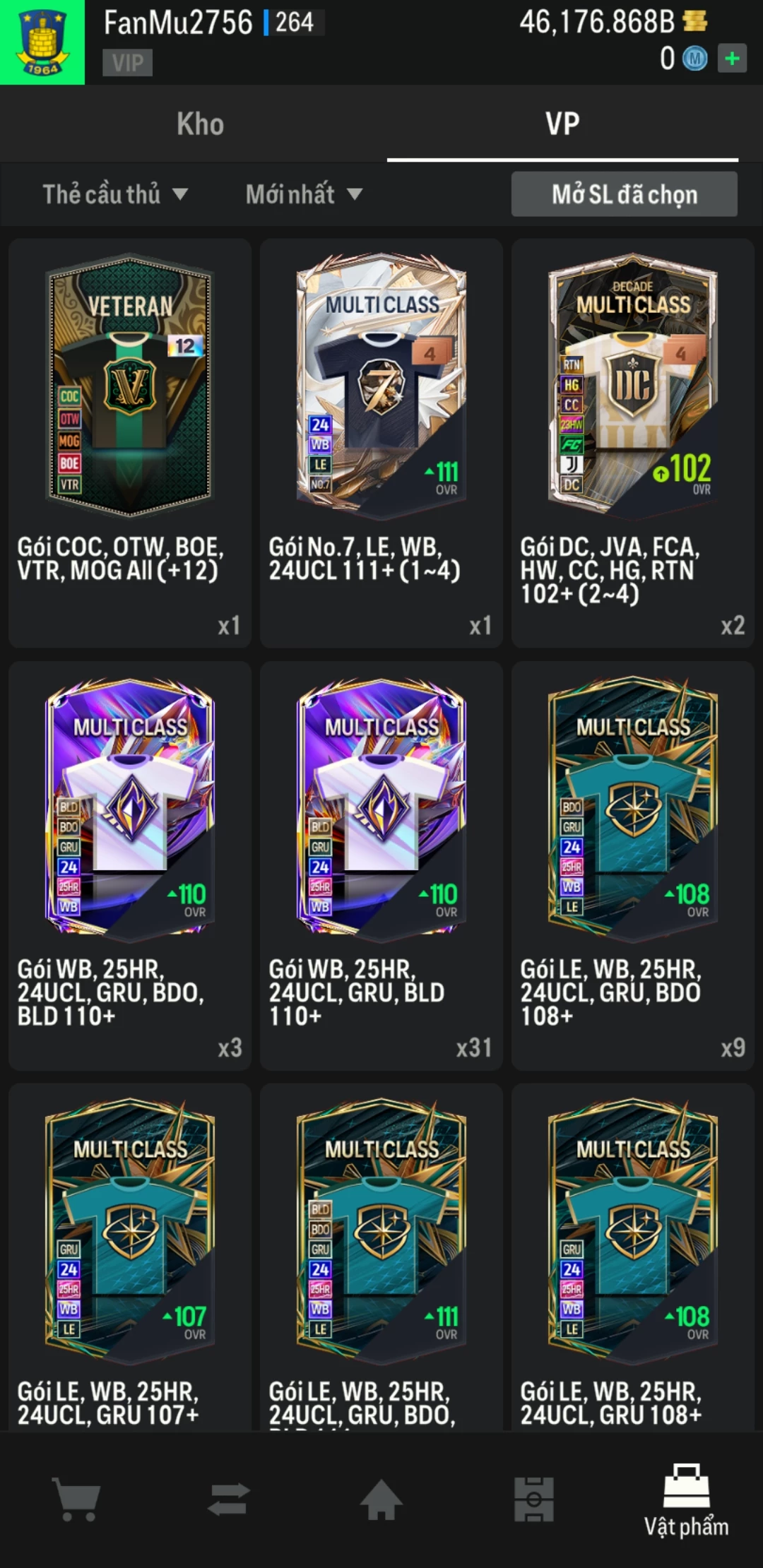 Ảnh ACC mở thẻ (LOẠI SVIP PROMAX) bao gồm có thẻ +12, thẻ Prime (có QH, CP, XS) và 1500+ đến 2000+ thẻ cầu thủ từ Siêu sao đến Miền núi các loại khác. Có sẵn BP trắng trong acc từ 40.000 tỷ BP đến 46.000 tỷ BP kèm theo nhiều ngày SVIP